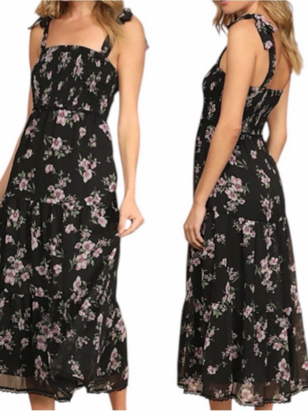Lulu's Black Floral Tie-Strap Midi Dress with Pink Blooms - Smocked Top - size M